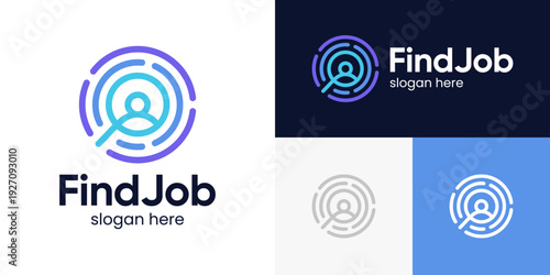 Simple find job logo design template illustration. Magnifying glass with abstract people design graphic vector. Symbol, icon, creative.
