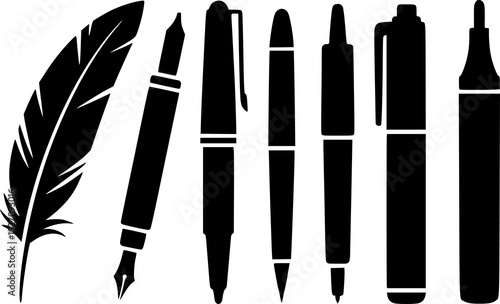 Collection of writing instruments including feather quill fountain pen ballpoint marker