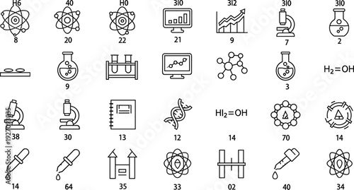 Science Laboratory Icons Set, Chemistry Formula, Atom Structure, Microscope, DNA Helix and Research Equipment Line Vector Illustration Collection Isolated on White Background