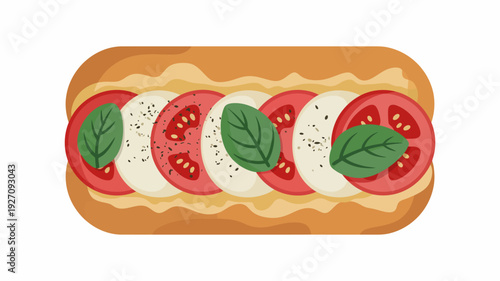 Flat of a delicious Caprese sandwich with fresh tomato mozzarella and basil