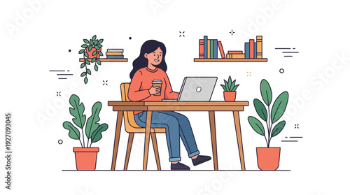 Young Woman Working on Laptop at Desk with Plants and Books