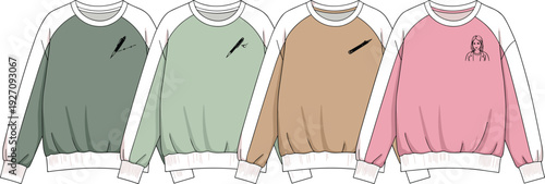 Set of pastel sweatshirt mockups with minimalist embroidery design, casual unisex crewneck apparel collection, fashion clothing template vector illustration isolated on background