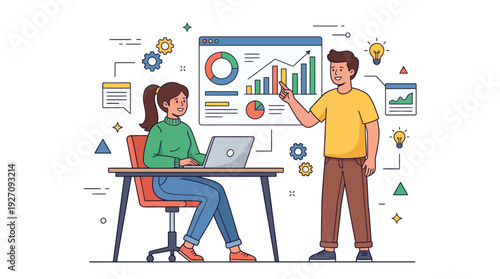 Young Business Team Analyzing Data on Laptop and Presentation Board in Modern Office