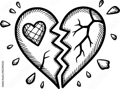 Hand Drawn Cracked Heart Symbol with Inner Heart and Falling Tears White Background