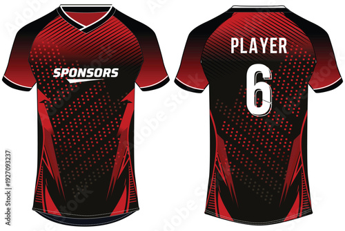 Red and Black Abstract Stripe V-Neck Sports Jersey Flat Sketch Vector Illustration with Front and Back View for Football, Cricket and Volleyball Uniform