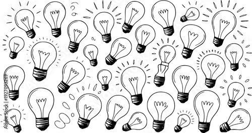 Hand drawn light bulb pattern symbolizing ideas innovation and creativity white background