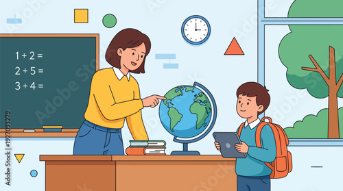 Teacher Explaining Globe to Young Student in Classroom