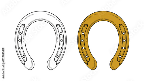 Horseshoes outlined in black and white and colored golden brown white background