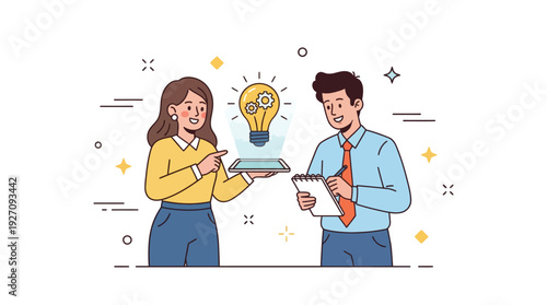 Man and Woman Collaborating with Bright Idea Lightbulb Illustration