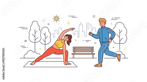 Man Running Past Woman Doing Yoga in Park during Sunny Day