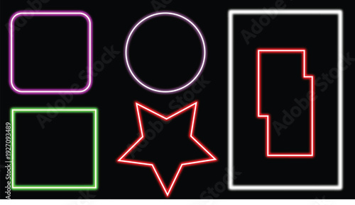 Neon geometric shape frame set with glowing square, circle, star and abstract outline on dark background. luminous borders for modern , posters and tech design. Vibrant futuristic vector co