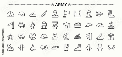 Army icon collection. Collection for mobile and web apps. Includes thin line symbols soldier, warfare, navy, military, force. Editable vector illustration. Soldier icon set.