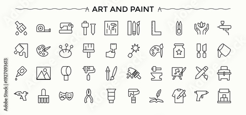 Art And Paint linear icon set. Included paintbrush, sketch, draw, creative, artwork and more. Paint line icon set. Thin icons set. Editable stroke vector art.