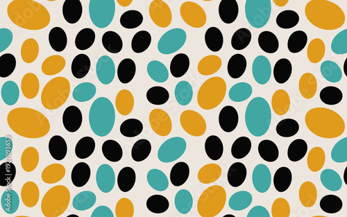 Seamless pattern of scattered oval shapes in mustard yellow black and teal cream background