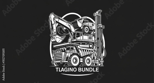 Detailed illustration of heavy construction equipment, a Tlagino bundle, in a monochrome style.
