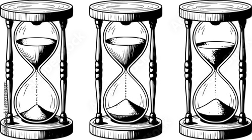 Vintage hourglasses with sand flowing a white background time measurement