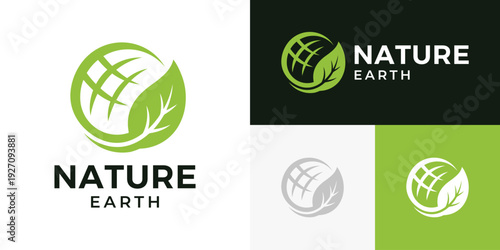 Simple nature earth logo design template illustration. Globe with plant leaf design graphic vector. Symbol, icon, creative.