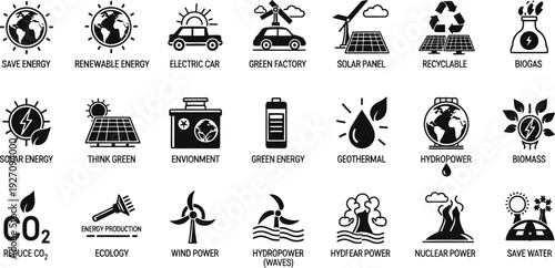 Eco-friendly icons representing renewable energy sources and sustainable practices for a greener environment viewed from a symbolic perspective.