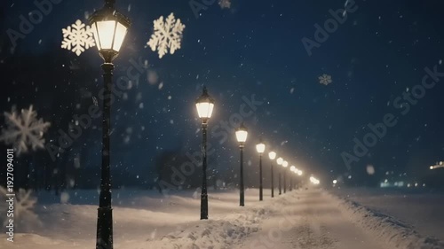 Wallpaper Mural Snowy Winter Night Path Lined with Vintage Street Lamps and Falling Snowflakes. Torontodigital.ca