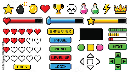 Pixel Game UI Icon Set – Retro 8 Bit Hearts, Buttons, Status Bars and Arcade Interface Elements Vector Collection