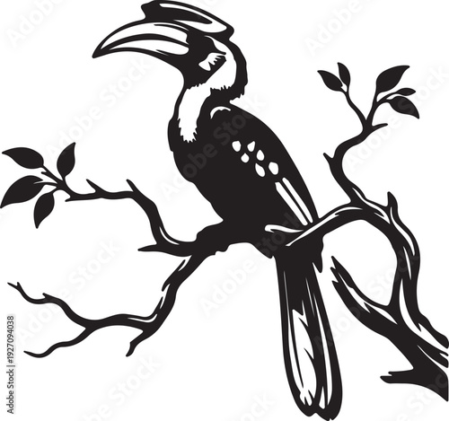 Hornbill on branch in silhouette on white background..