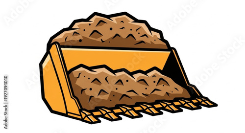 Excavator bucket filled with soil, ready for construction work, illustration.