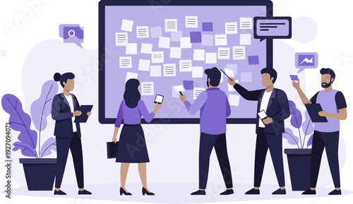 Business team working on creative project using sticky notes on large board with purple characters in flat design