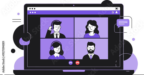 Video conference call on laptop screen with four diverse people participating in remote virtual meeting