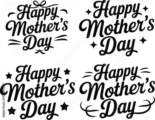 Happy Mothers Day collection of four distinct black lettering designs on white 