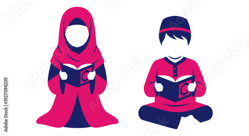 Vector illustration of Muslim boy and girl reading books