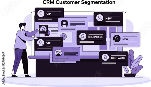 CRM customer segmentation concept with user profiles and labels like VIP and high value