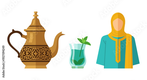 Vector illustration of Arabic tea set and traditional clothing