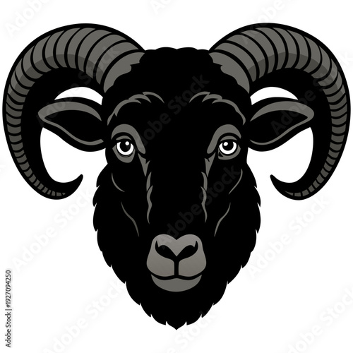 A highly realistic, detailed close-up of a ram's head, facing forward. The ram has large, curved horns with visible texture and shadows. Its fur is thick and coarse, with natural color tones of brown,