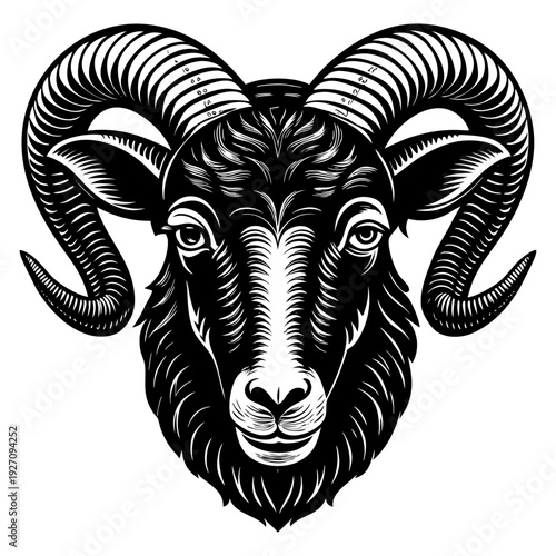 A highly realistic, detailed close-up of a ram's head, facing forward. The ram has large, curved horns with visible texture and shadows. Its fur is thick and coarse, with natural color tones of brown,