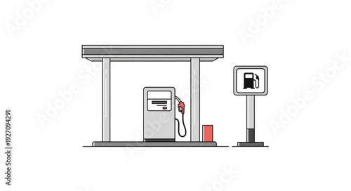Gas station illustration showing fuel pump and digital display for service.