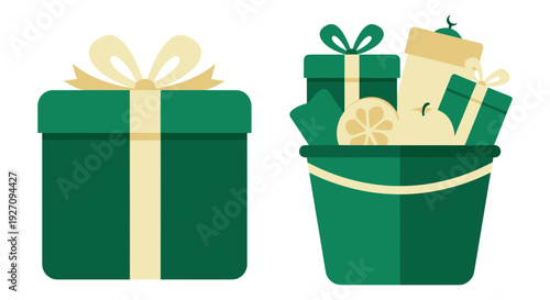 Set of 2 green gift box and bucket icons vector