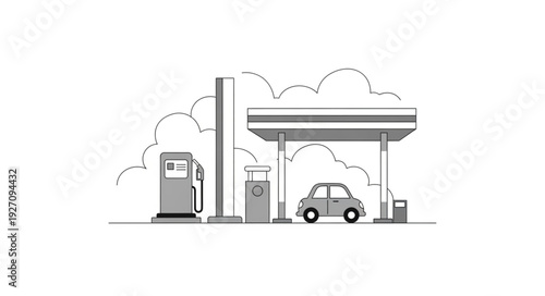 Gas station illustration depicting a car refueling with fuel for transportation purposes.