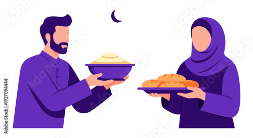 Vector illustration of man and woman sharing food plates