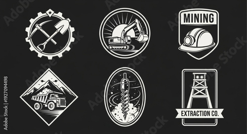 Collection of mining and extraction industry related emblems and logos.