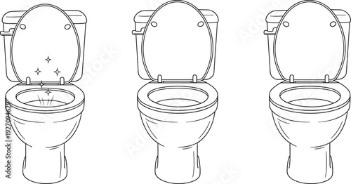 Line of three white toilets with lids up bathroom plumbing fixtures