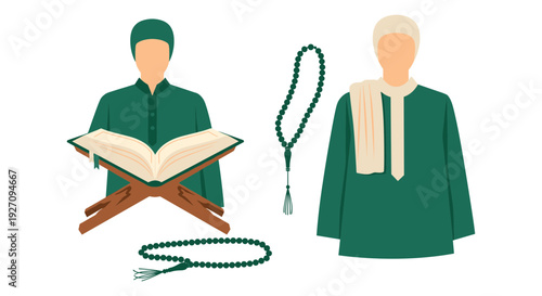 Vector illustration of Islamic man with rosary and Quran