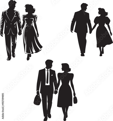 Vintage style silhouettes of elegant couples walking and holding hands.