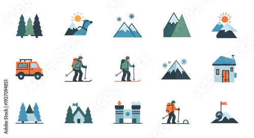 Outdoor Adventure and Winter Sports Icons Set.