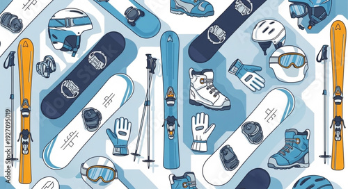Seamless pattern with various ski and snowboard equipment for winter sports activities.