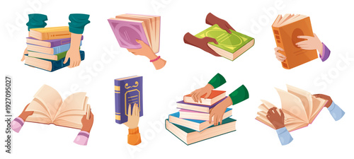 Hands holding open and closed books with paper pages - vector illustration for library club, student education concept, reading festival and community literature exchange. Human arms with novels.