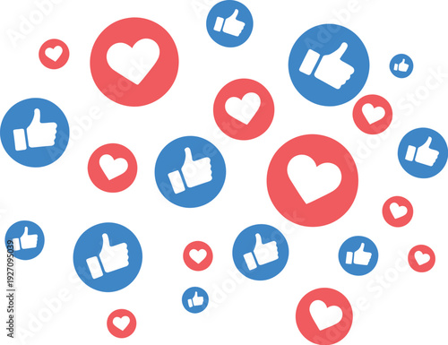 Social media icon set with thumbs up and hearts.