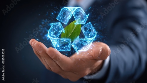 Digital Recycling Symbol Held in Hand Representing Environmental Sustainability.