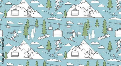 Seamless Pattern with Ski Resort Mountains and Pine Trees.