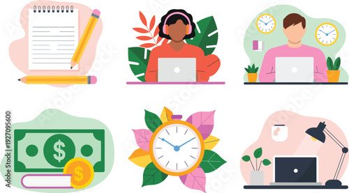Business productivity icon set. Includes office work, finance, time management, and education symbols. Created in flat style with colorful palette. 