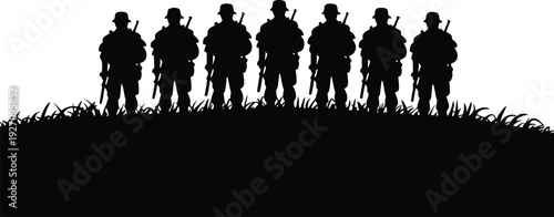 Silhouette of a group of soldiers standing on a grassy hill looking ahead  military personnel in uniform with guns